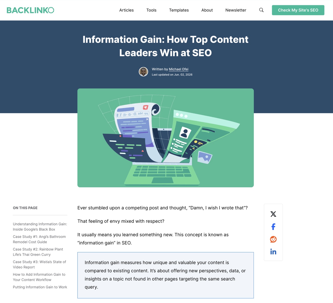 The opening of Michael’s Backlinko article about information gain